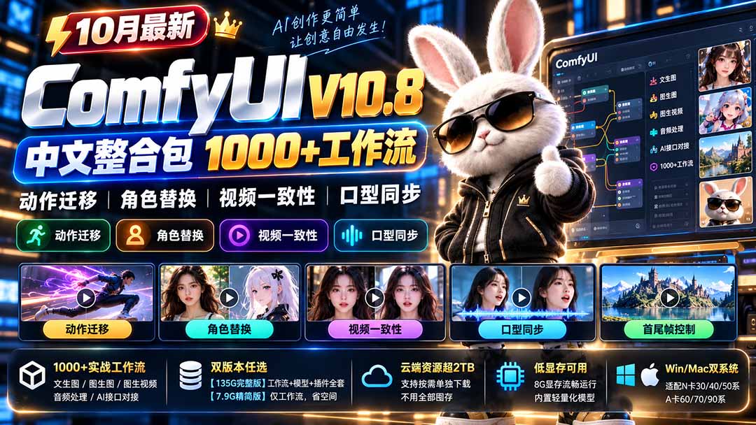 10月最新ComfyUI V10.8中文整合包 1000+工作流 动作迁移 角色替换 视频一致性 口型同步 低显存可用-爱搭资源网