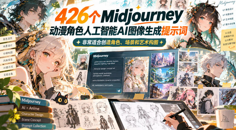 426个Midjourney动漫角色人工智能AI图像生成提示词，非常适合创造角色、场景和艺术构图-爱搭资源网