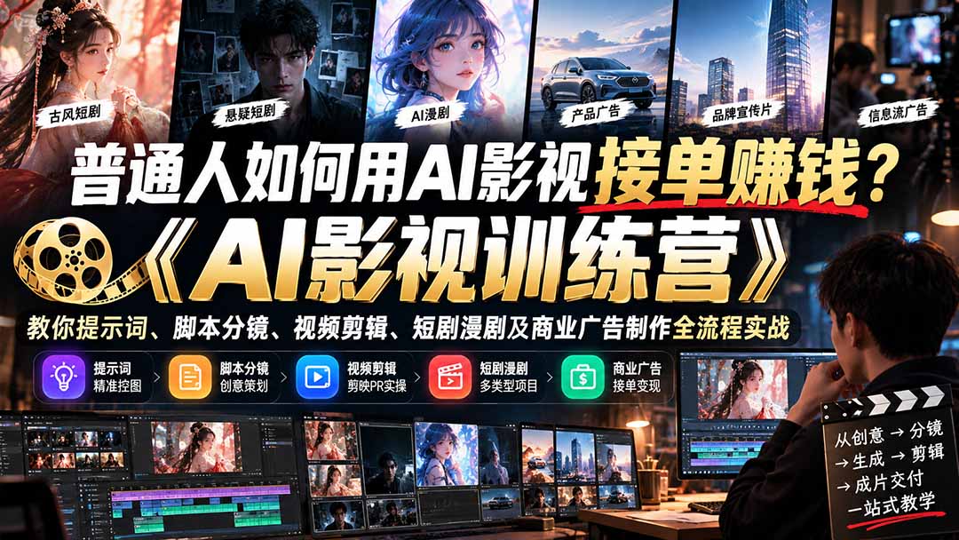 普通人如何用AI影视接单赚钱？《AI影视训练营》教你提示词、脚本分镜、视频剪辑、短剧漫剧及商业广告制作全流程实战-爱搭资源网