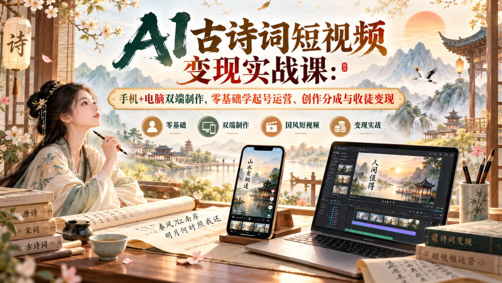 AI古诗词短视频变现实战课：手机+电脑双端制作，零基础学起号运营、创作分成与收徒变现-爱搭资源网
