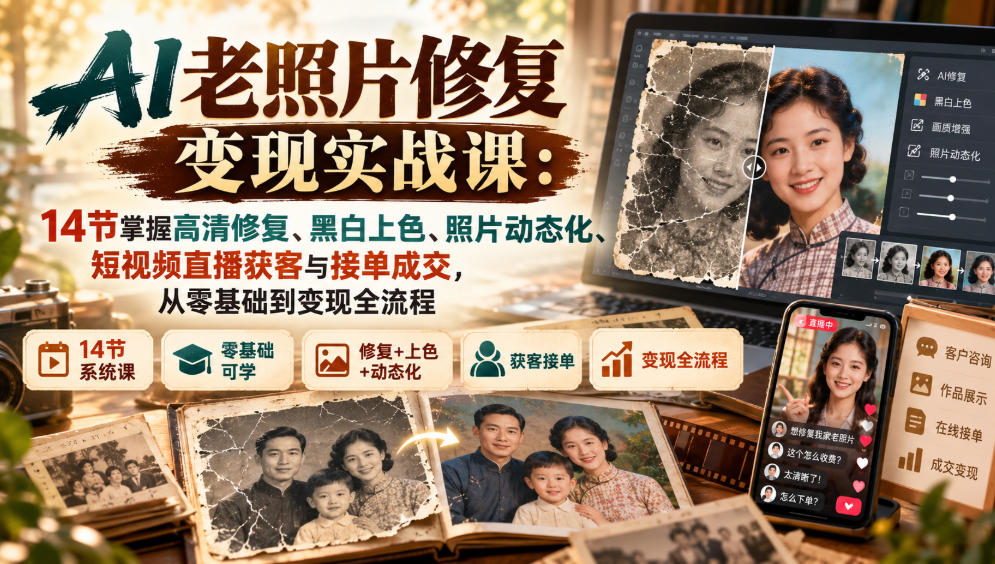 AI老照片修复变现实战课：14节掌握高清修复、黑白上色、照片动态化、短视频直播获客与接单成交，从零基础到变现全流程-爱搭资源网