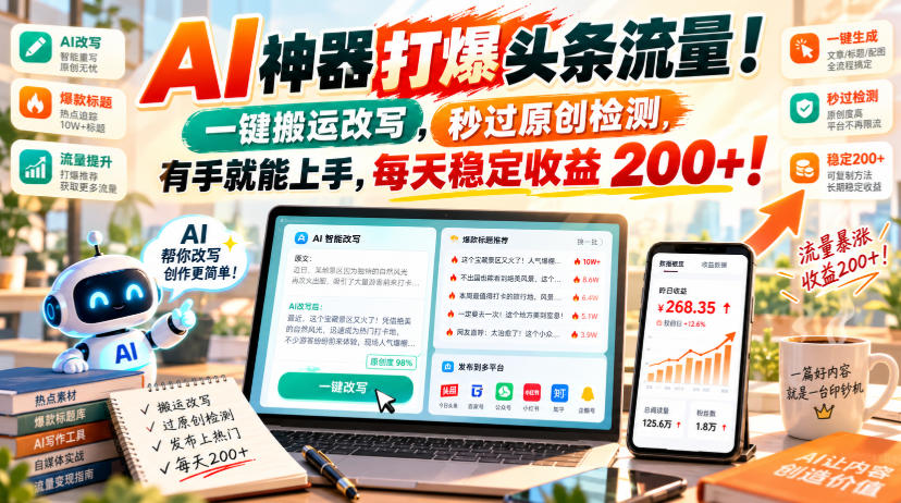 AI神器打爆头条流量，一键搬运改写，秒过原创检测，有手就能上手，每天稳定收益200+！【揭秘】-爱搭资源网