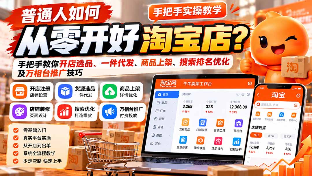 普通人如何从零开好淘宝店？手把手教你开店选品、一件代发、商品上架、搜索排名优化及万相台推广技巧-爱搭资源网