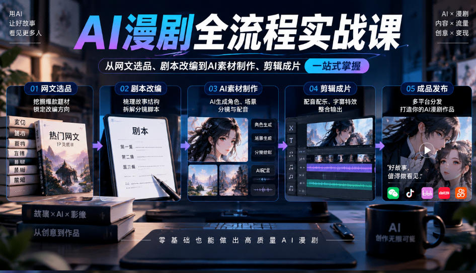 AI漫剧全流程实战课，覆盖从网文选品、剧本改编到AI素材制作、剪辑成片的完整链路-爱搭资源网