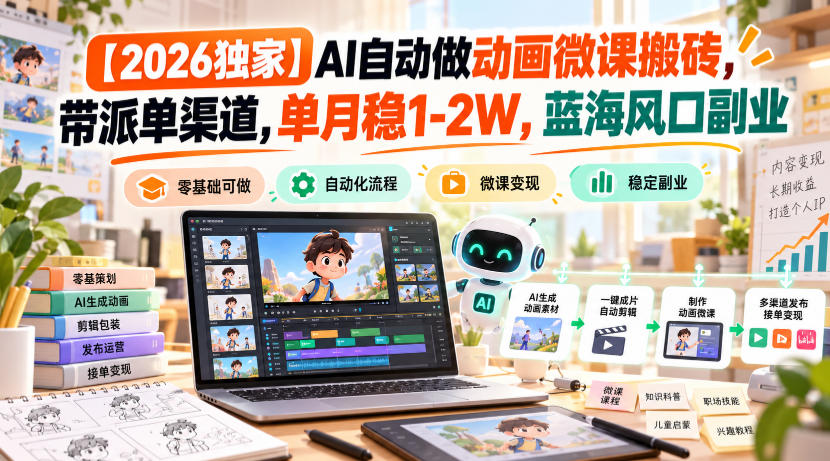 【2026独家】AI自动做动画微课搬砖，带派单渠道，单月稳1-2W，蓝海风口副业【揭秘】-爱搭资源网
