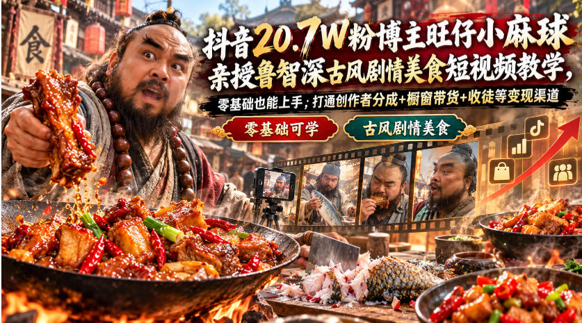 抖音20.7W粉博主旺仔小麻球亲授鲁智深古风剧情美食短视频教学，零基础也能上手，打通创作者分成+橱窗带货+收徒等变现渠道-爱搭资源网