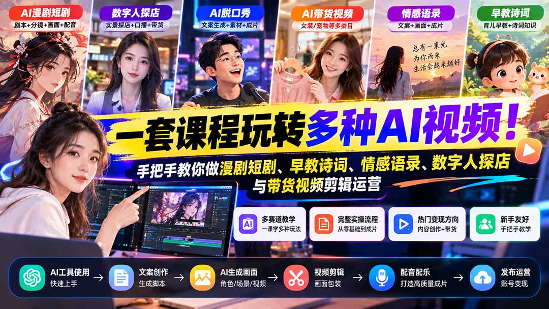 【无水印】一套课程玩转多种AI视频！手把手教你做漫剧短剧、早教诗词、情感语录、数字人探店与带货视频剪辑运营-爱搭资源网