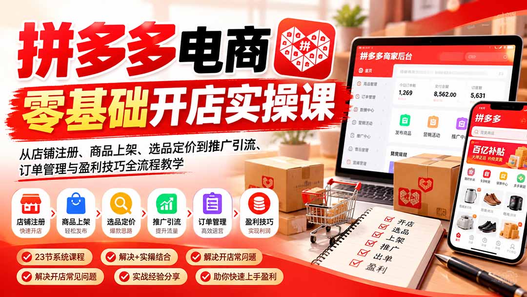 拼多多电商零基础开店实操课：从店铺注册、商品上架、选品定价到推广引流、订单管理与盈利技巧全流程教学-爱搭资源网