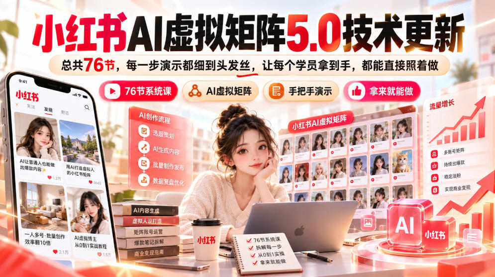 小红书AI虚拟矩阵5.0技术更新，总共76节，每一步演示都细到头发丝，让每个学员拿到手，都能直接照着做-爱搭资源网