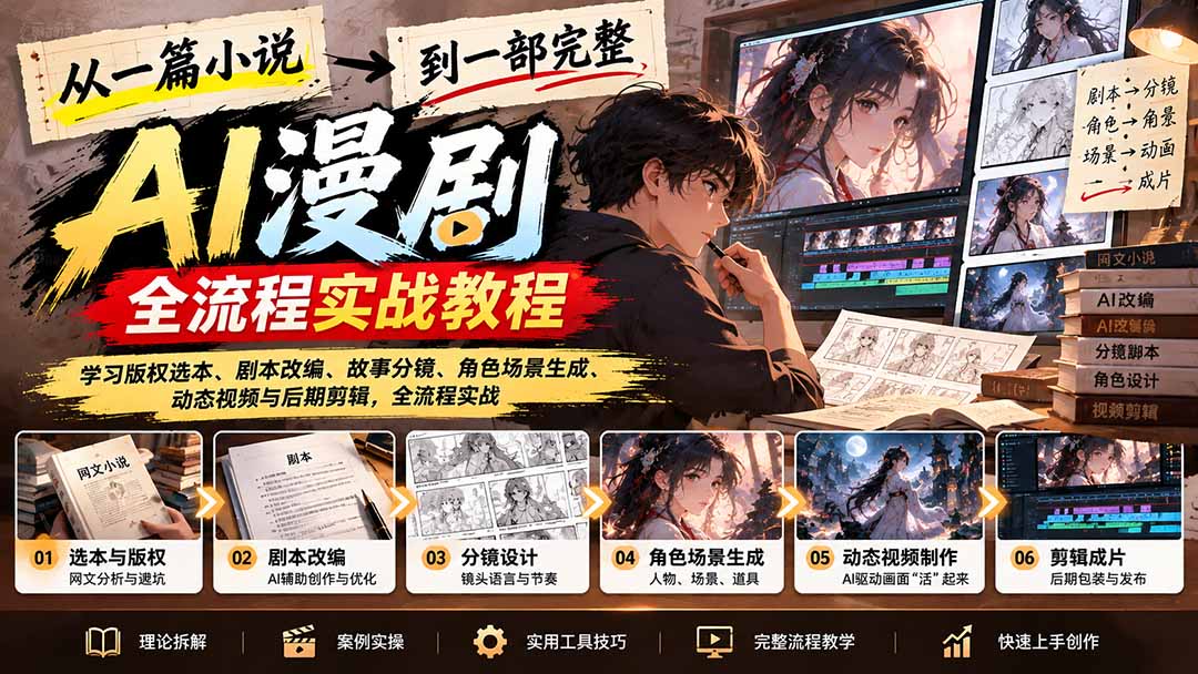 从一篇小说到一部完整AI漫剧：学习版权选本、剧本改编、故事分镜、角色场景生成、动态视频与后期剪辑-爱搭资源网