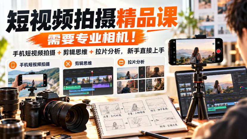 短视频拍摄精品课，需要专业相机！手机短视频拍摄+剪辑思维+拉片分析，新手直接上手-爱搭资源网