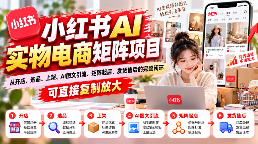 小红书AI实物电商矩阵项目，从开店、选品、上架、AI图文引流、矩阵起店、发货售后的完整闭环，可直接复制放大-爱搭资源网