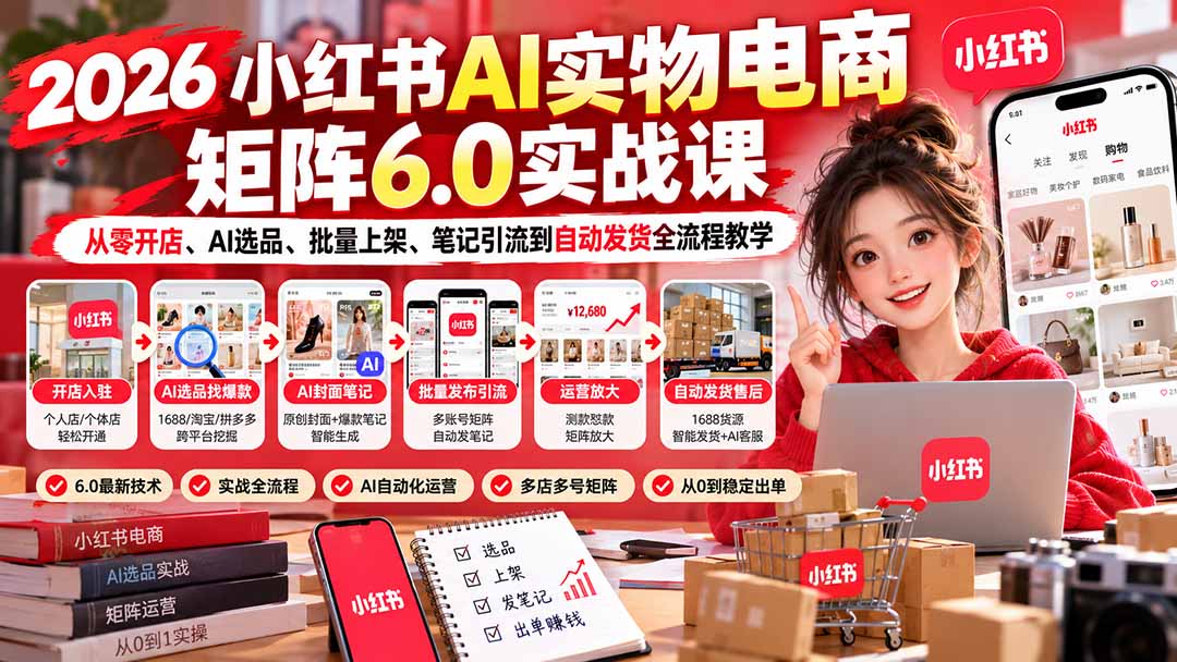 2026小红书AI实物电商矩阵6.0实战课:从零开店、AI选品、批量上架、笔记引流到自动发货全流程教学-爱搭资源网