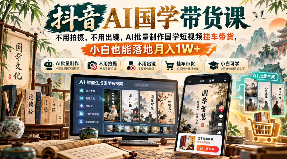 抖音AI国学带货课,不用拍摄、不用出镜,AI批量制作国学短视频挂车带货,小白也能落地月入1W+-爱搭资源网