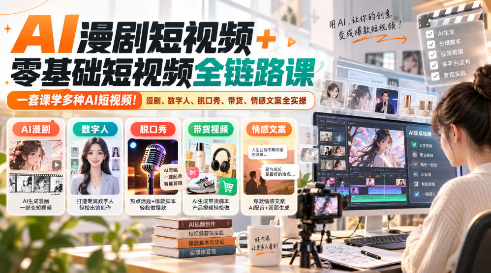 AI漫剧短视频+零基础短视频全链路课，一套课学多种AI短视频！漫剧、数字人、脱口秀、带货、情感文案全实操-爱搭资源网