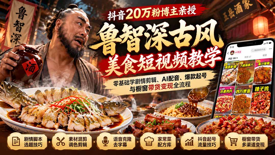 抖音20万粉博主亲授鲁智深古风美食玩法：零基础学剧情剪辑、AI配音、爆款起号与橱窗带货变现全流程-爱搭资源网